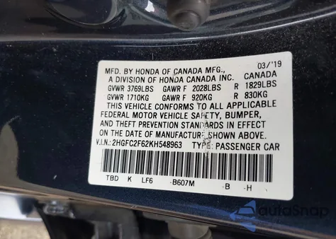 2019 Honda Civic Lx from USA, damaged, VIN 2HGFC2F62KH548963